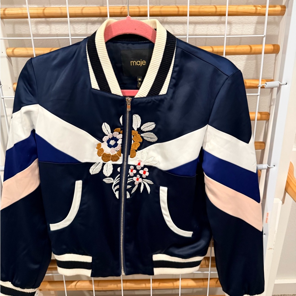 Maje Navy Satin Floral Embroidered Colorblock Bomber Jacket